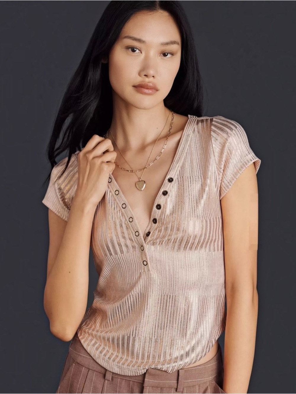 PILCRO Andie Ribbed Henley Short-Sleeve Shine Edition Rose Gold Baby Tee Sz XS